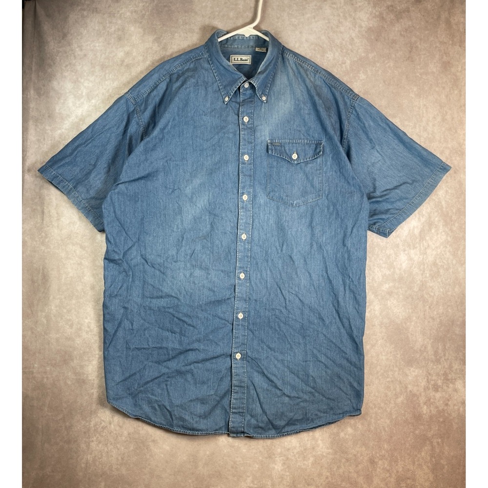 VINTAGE LL Bean Denim Shirt Mens XL Blue Button Up Short Sleeve Sun Fade Western